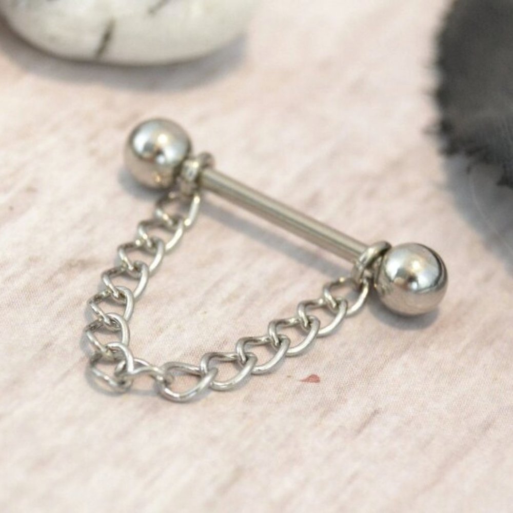 Nipple Piercing ~ Per Pair ~  W/Dangle Silver Chain